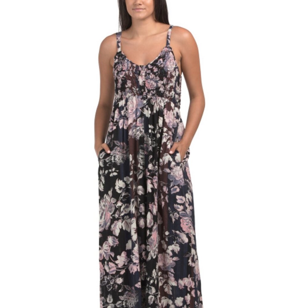 Free People Melrose Smocked Wide Leg Jumpsuit Midnight Garden Size Medium  NWT